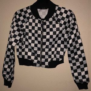 B&W checker cropped bomber jacket
